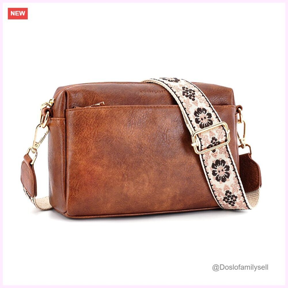 Small Triple Zip Vegan Leather Crossbody Bag Adjustable Strap